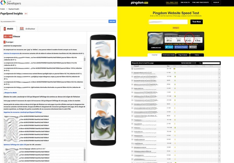 Exemple de site lent : score de 22 sur 100 sur mobile dans PageSpeed Insights et chargement en 26,42 secondes dans Pingdom