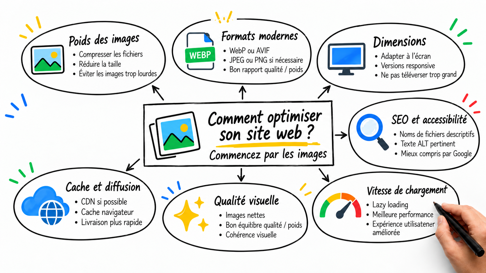 Carte mentale : Comment optimiser son site web, commencez par les images. Sept axes : poids des images, formats modernes, dimensions, SEO et accessibilité, vitesse de chargement, qualité visuelle, cache et diffusion