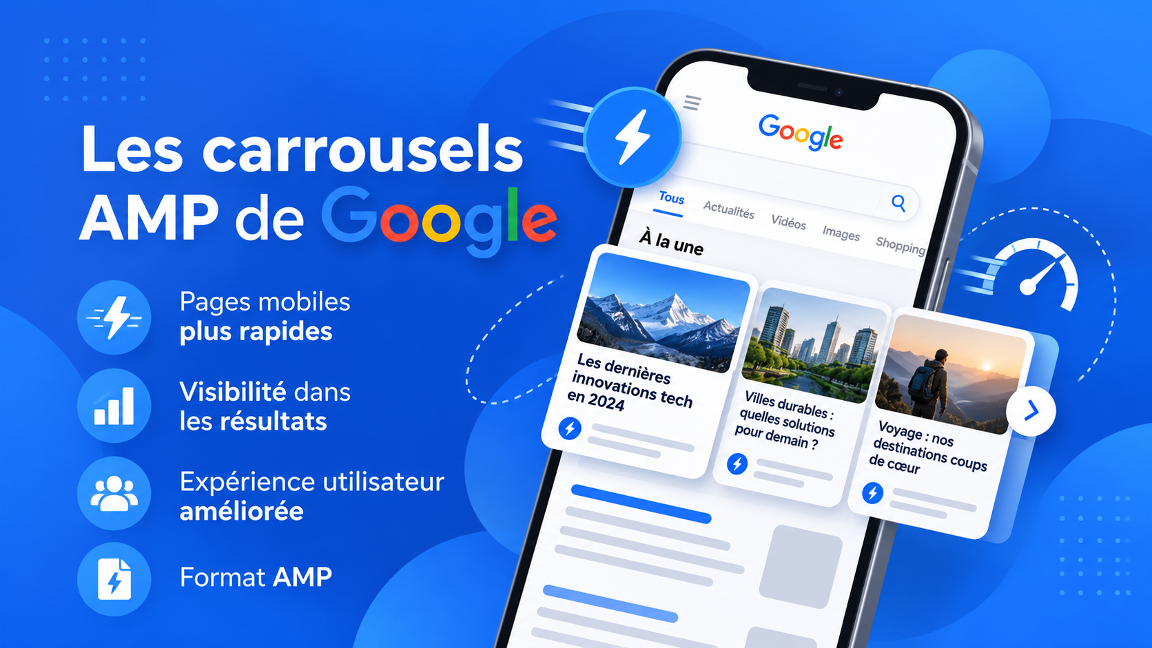 Illustration : un téléphone affichant un carrousel de cartes d'actualité dans les résultats Google, avec l'éclair AMP, et quatre points : pages mobiles plus rapides, visibilité dans les résultats, expérience utilisateur améliorée, format AMP