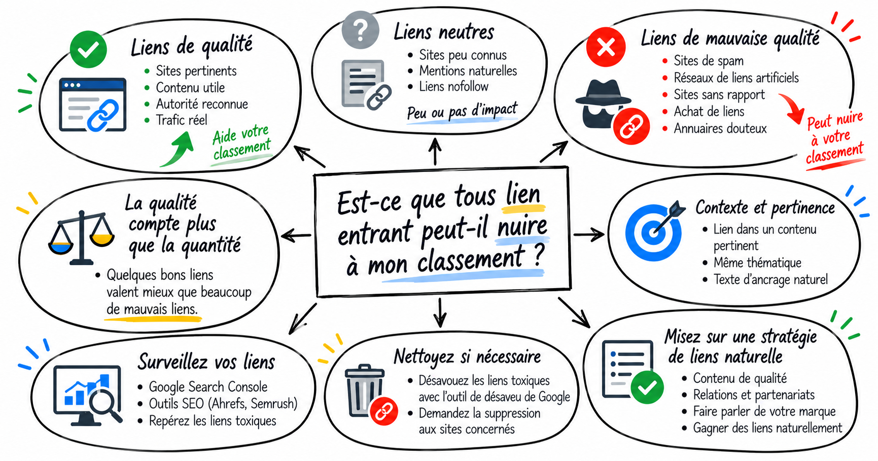 Carte mentale sur les liens et le classement : liens de qualité, liens neutres, liens de mauvaise qualité, qualité contre quantité, contexte et pertinence, surveiller, nettoyer et miser sur une stratégie de liens naturelle