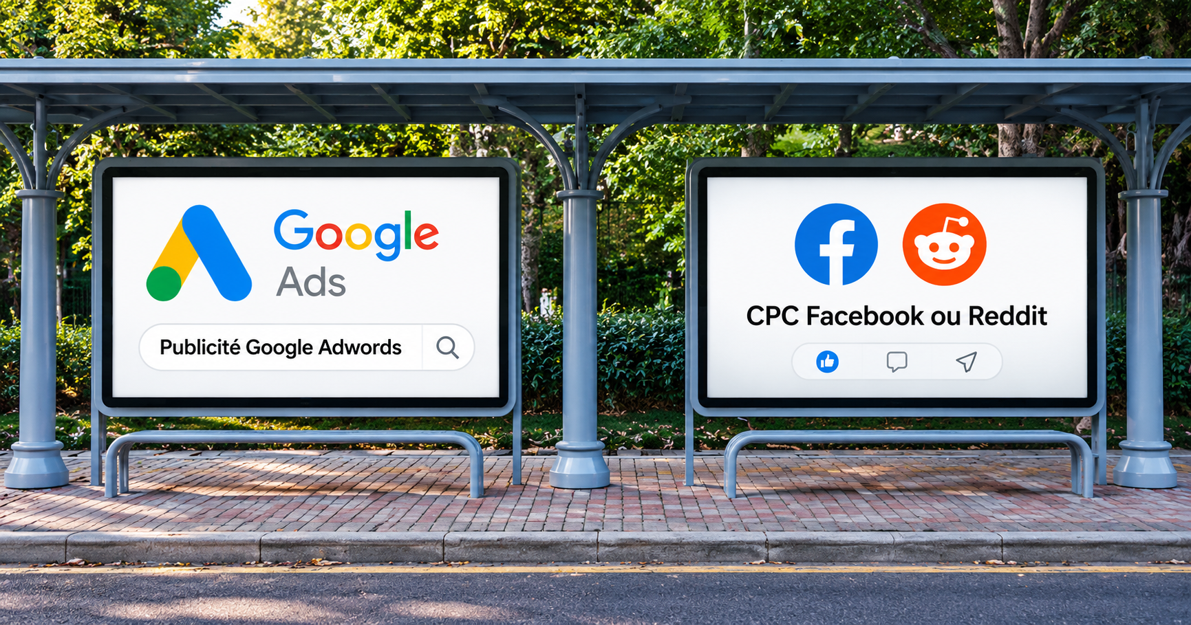 Publicité Google Adwords, CPC Facebook ou Reddit : deux panneaux publicitaires dans un abribus, l'un pour Google Ads, l'autre pour Facebook et Reddit